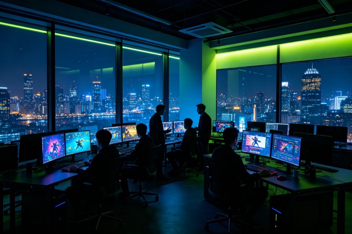 青柠互娱团队在夜景办公室协作的场景